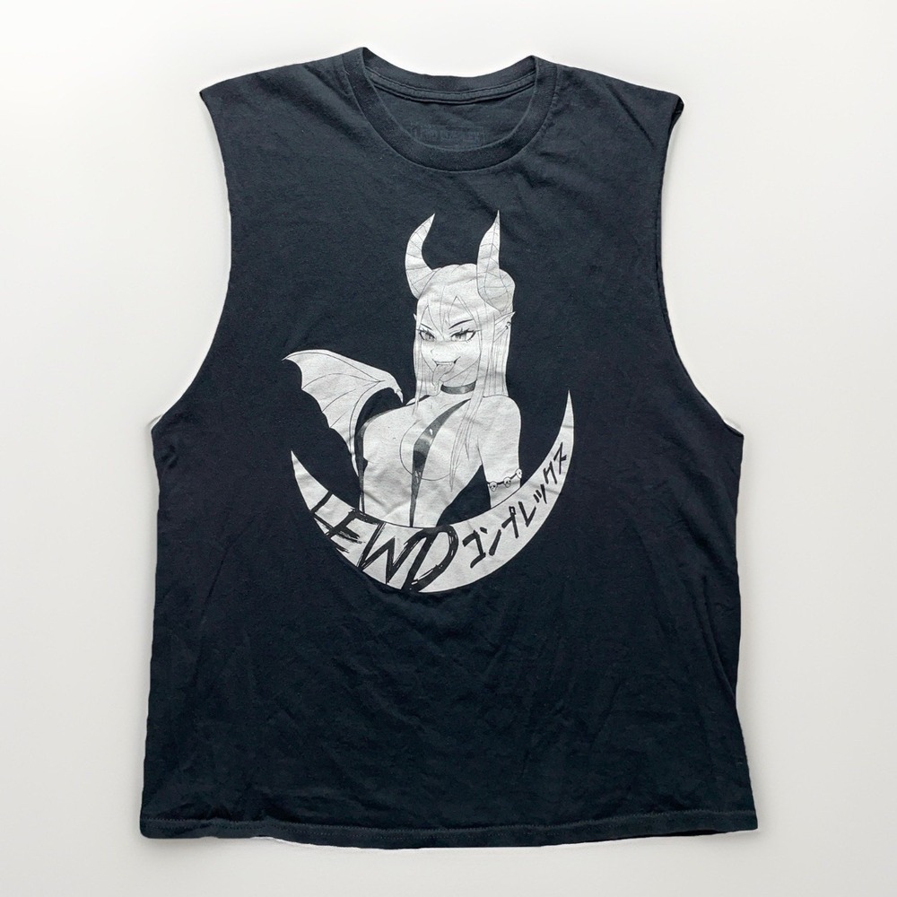 Lewd Complex Anime Girl Graphic Cutoff Tee Mens L Black Sleeveless Y2K Emo Goth